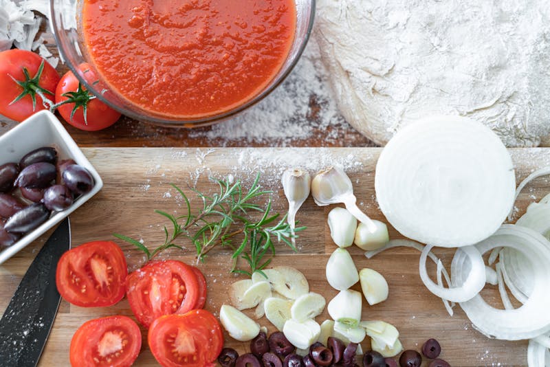 Fresh pizza ingredients and toppings